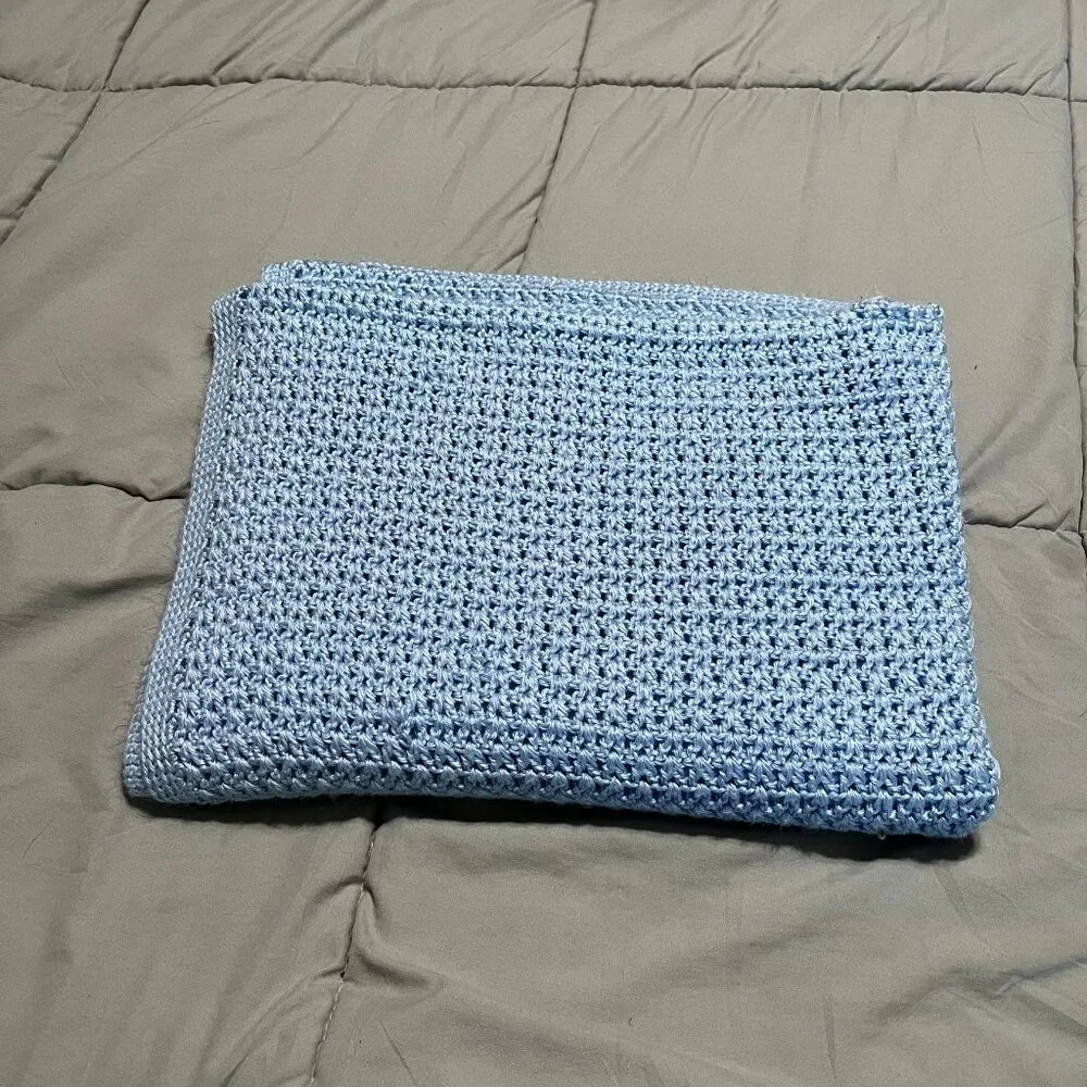Blue Crochet Open Knit Baby Blanket Crib Security Lovey 48X32 Handmade